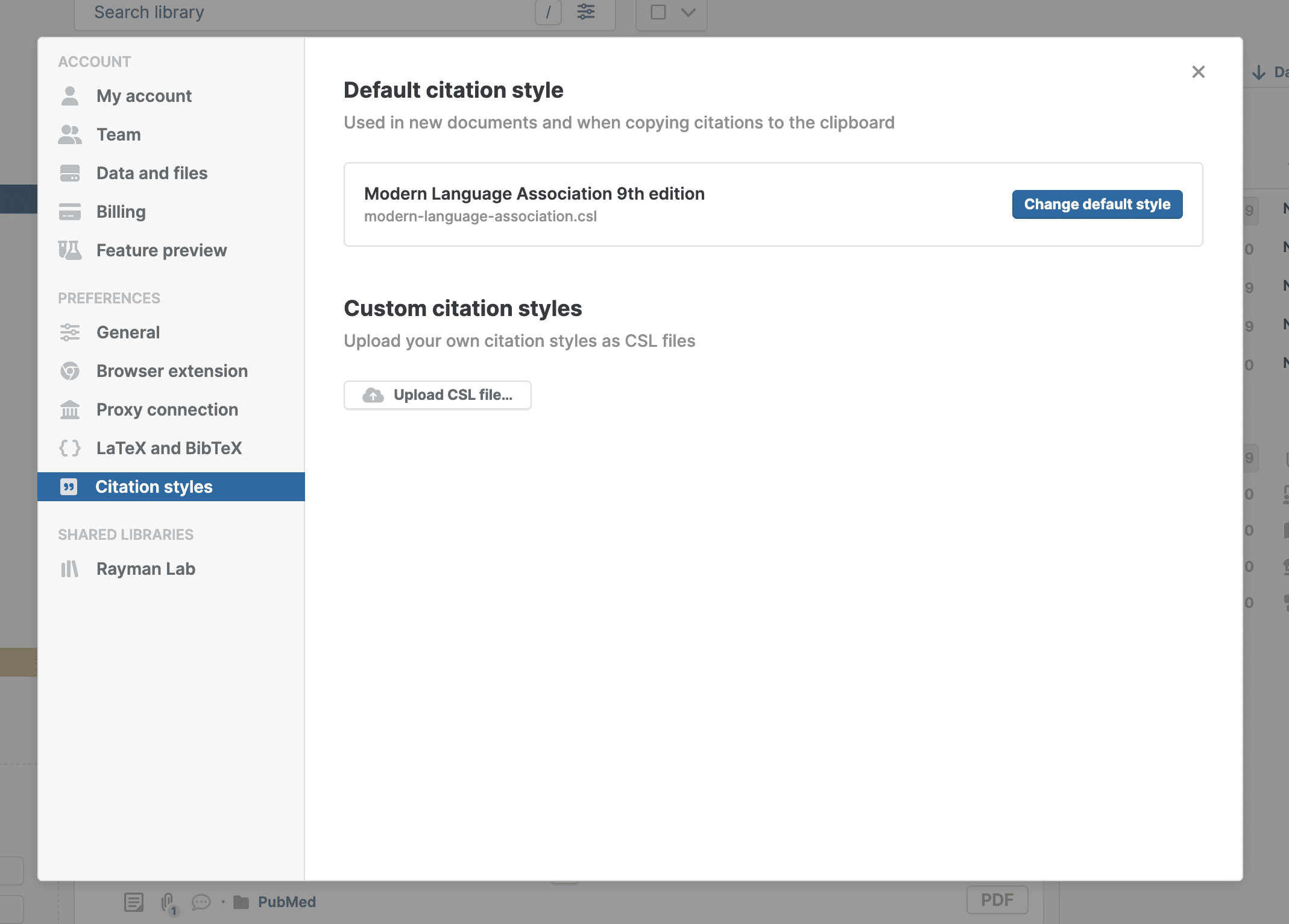 Settings › Citation styles showing the default style set to Modern Language Association 9th edition with a “Change default style” button, and a Custom citation styles section with an “Upload CSL file…” button.